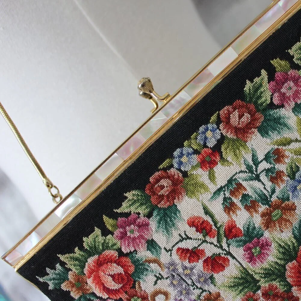 Vintage Style Petite Needlepoint Point Embroidery Handbag Gold Strap Purse
